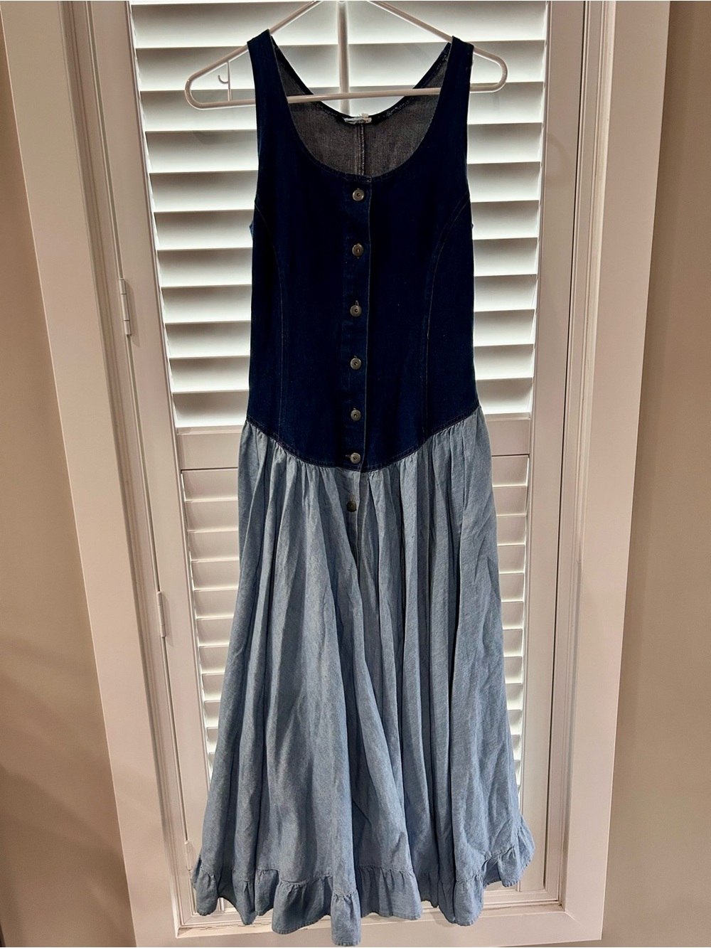 Vintage Two-Tone Denim Button-Front Maxi Dress - Dark & Light Blue